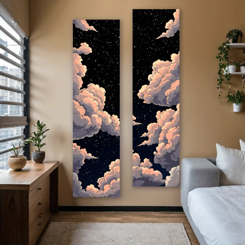 Tapestry Wall Hanging Tapestry Anime - Mysterious Starry Night Vertical Banner Background Cloth, 2-piece set, exquisite clouds