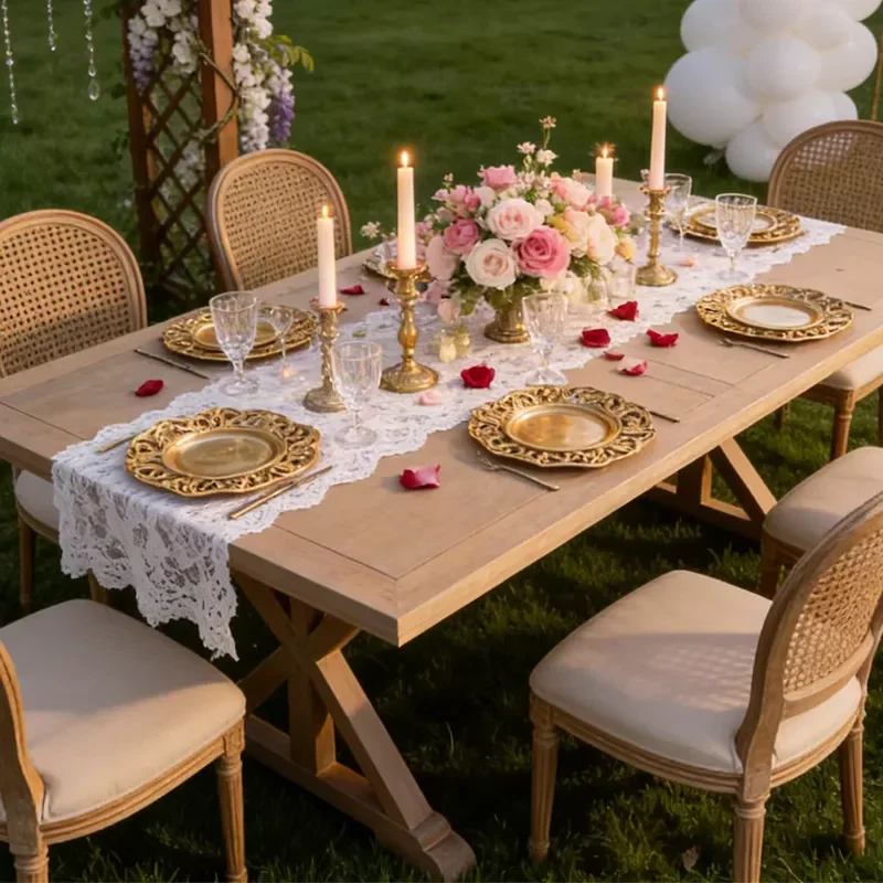 French Country Solid Oak Wood Foldable Rectangle Dining Table for Wedding Banquet Event