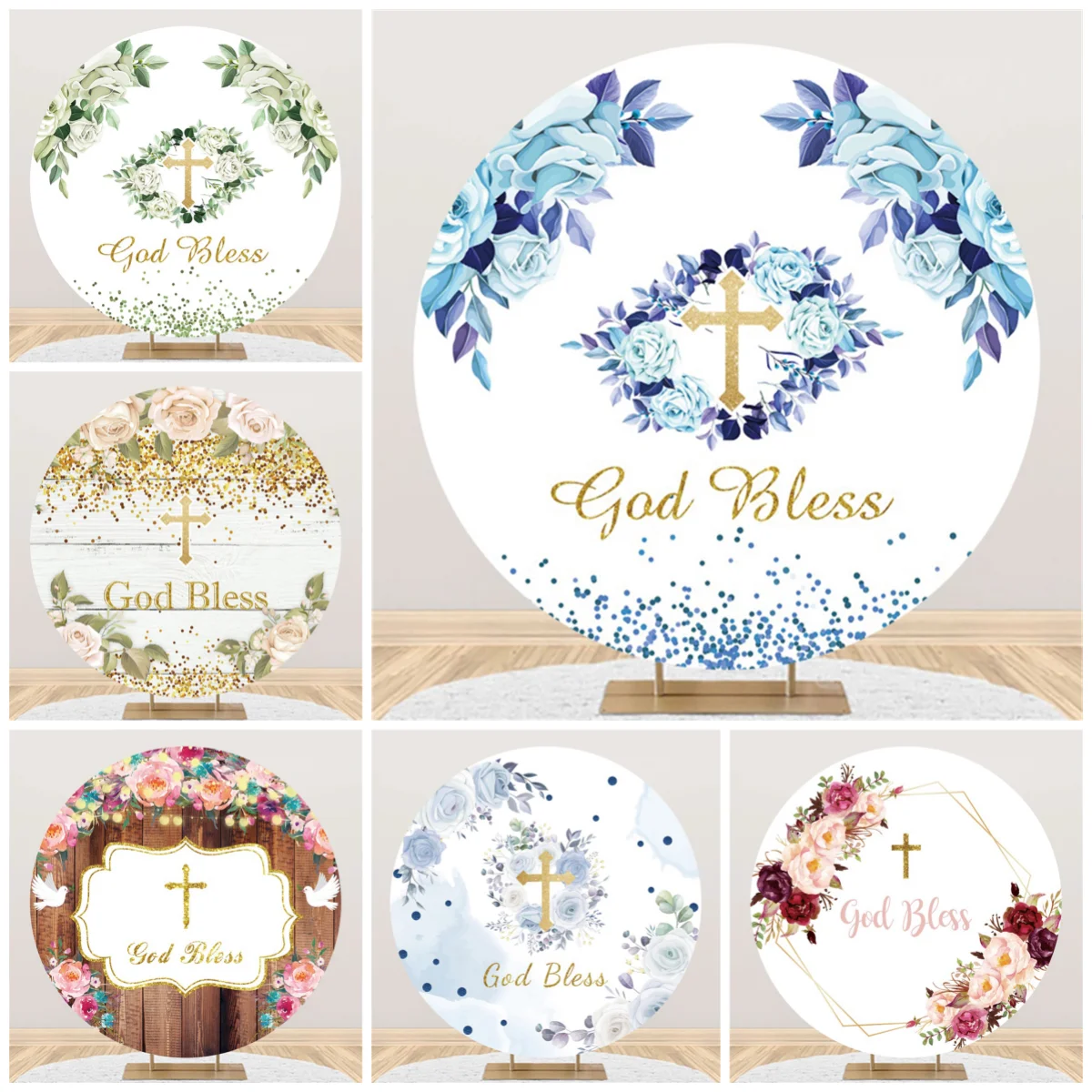 My First Communion Round Backdrop Cover Dove Holy Grail Baby Shower Mi Bautizo Background Green Leaves Flowers Circle Background