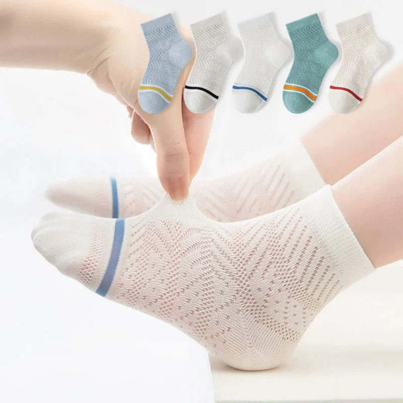 

5Pairs Summer Mesh Socks for Children Boys Fashion Stripe Middle Tube Sock Thin Breathable Sports Socks 2-12Year Kids Footwear