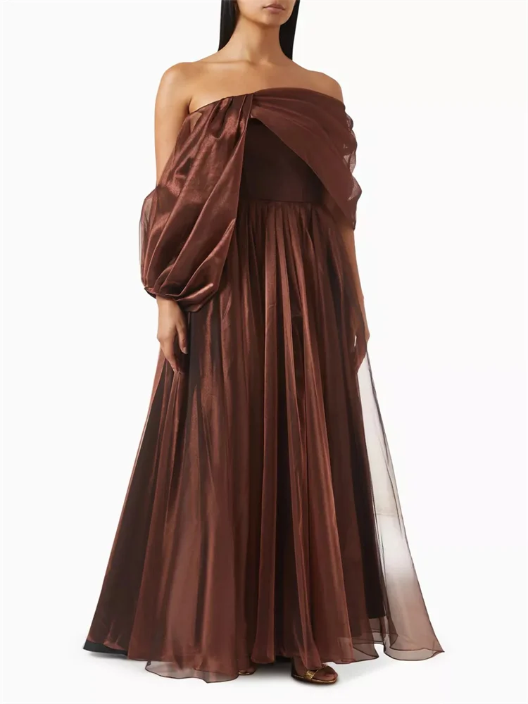 

New Arrival Draped Off-Shoulder Sleeves Tulle Evening Dress Elegant Open Back Zipper Floor Length Sweep Train Gown For Women