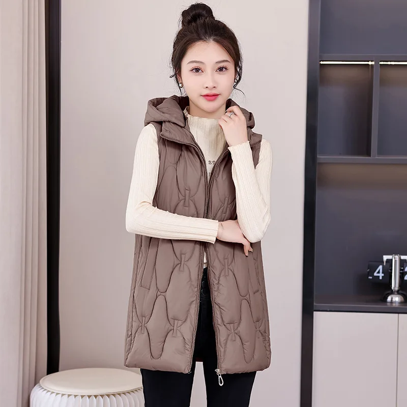 

Women Autumn Winter Diamond Grid Medium Long Loose Hooded Cotton Vest Outerwear Waistcoat