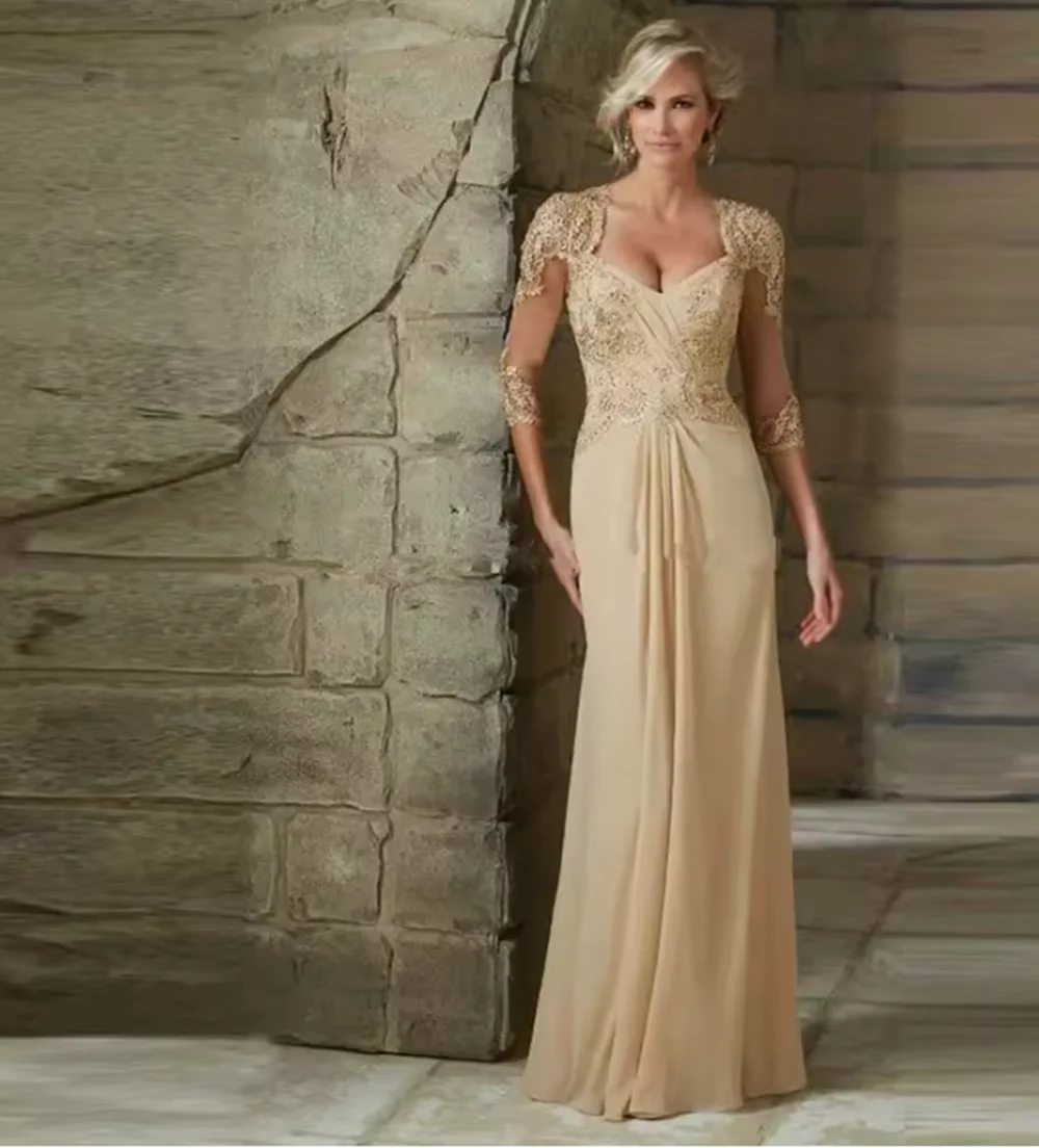 

Gorgeous Champagne Lace Mother Gowns 2024 Sweetheart Mother of the Bride Dresses With 3/4 Sleeves Wedding Party Gowns Back Out