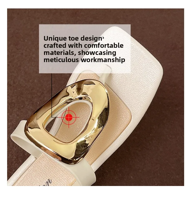 2026 Neue Damen-Flip-Flops mit eckiger offener Zehenpartie, einfarbig, vielseitig, mit Clip-Zehenriemen, flache Sandalen mit Metallschnalle für Damen – Detail 18