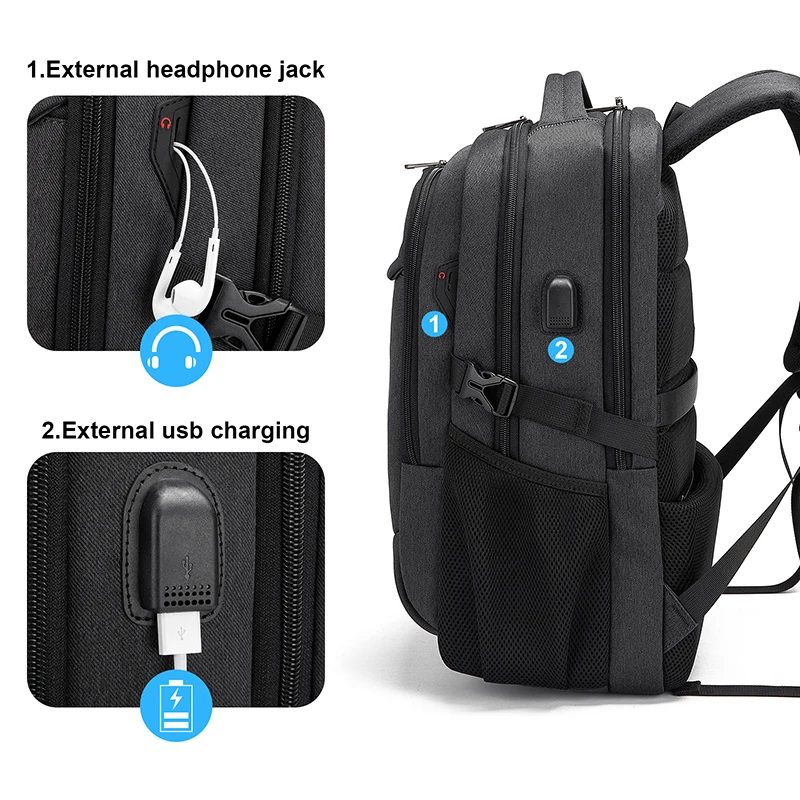 Men\'s 17.3 Inch Laptop Backpack for Travel College Backpack Waterproof Notebook Business Shoulder Bag With USB Charging Port