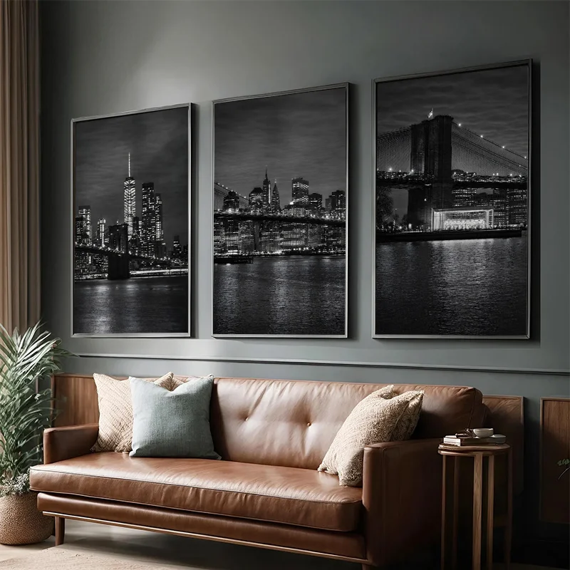Póster de paisaje nocturno de Nueva York en blanco y negro, puente de Brooklyn, horizonte de Manhattan, arte de pared para dormitorio, sala de estar, pasillo, decoración del hogar