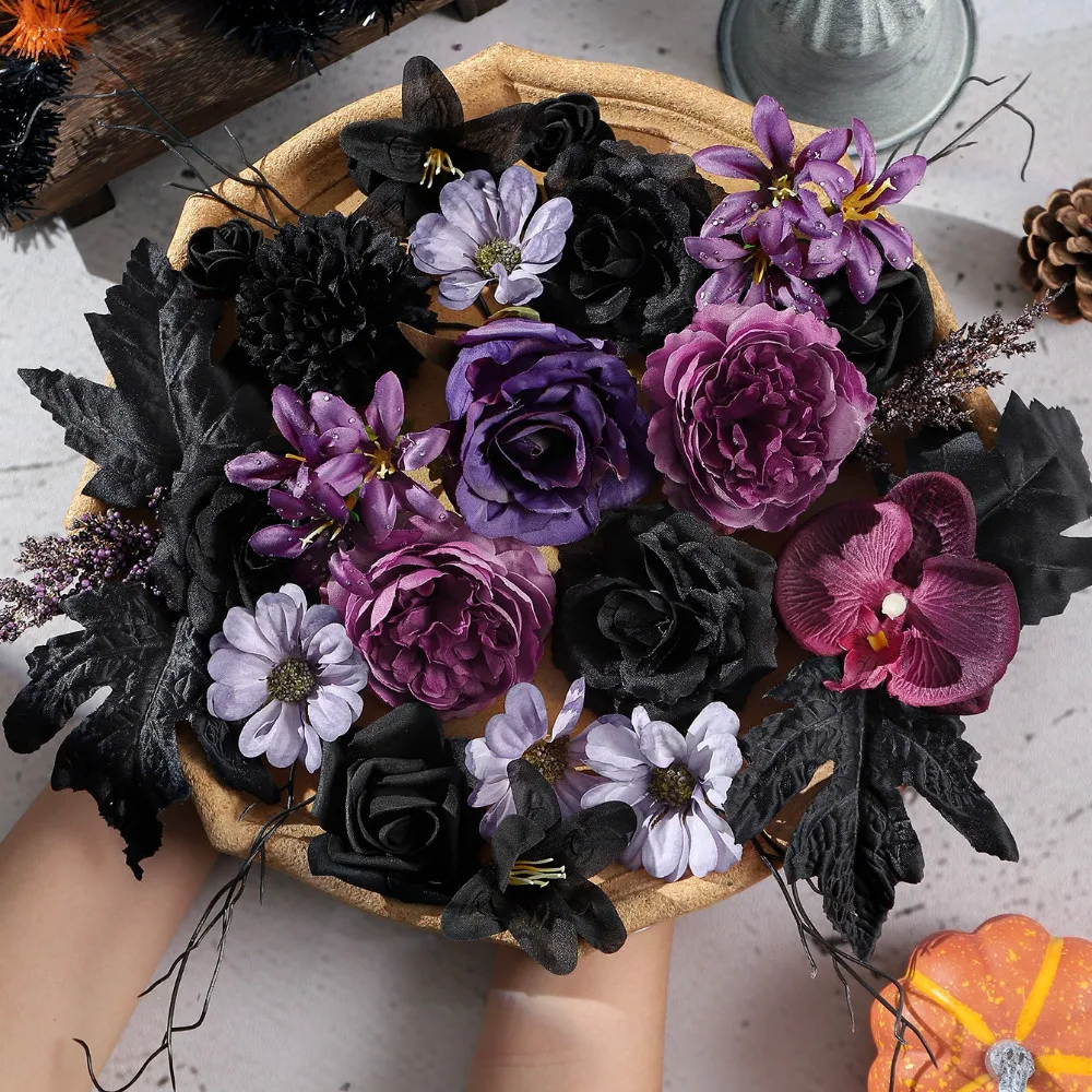 25 Stück Schwarz-Lila Künstliche Blumenköpfe Rose Orchidee Gänseblümchen für Halloween Tischdekoration Dunkle Hochzeit Gothic Dekor Vasen-Accessoire – Detail 1