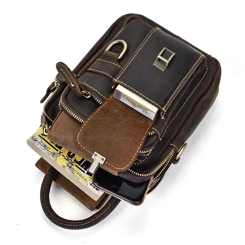 Genuine Leather Shoulder Bag Waist Dual Use Men Small Crossbody Messenger Belt Pouch Crazy Horse