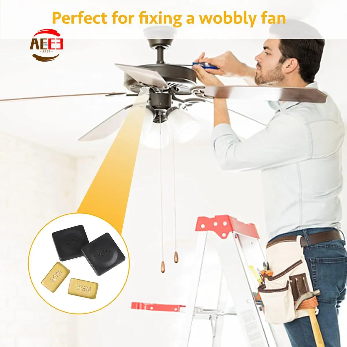 AEE3-8 Sets Ceiling Fan Blade Balancing Kit Including Metal Self-Adhesive Gold 3G Weight, Metal Self-Adhesive Black 5G Weight