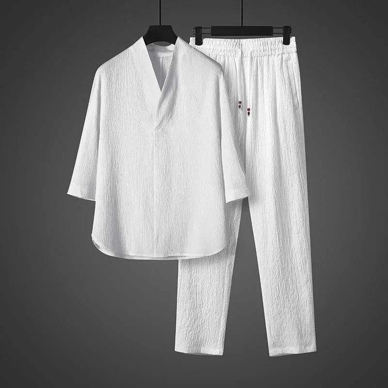 

Ice Silk Loose Fit Short Sleeve Men's T-Shirt Set Chinese Style Summer Lightweight Big Size Tang Suit Two Piece Set