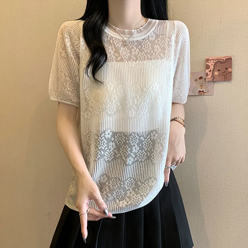 

Свитера с коротким рукавом, вязаный свитер, женские пуловеры, трикотаж, ажурный вязаный свитер, пуловер, женские топы, модные топы с круглым вырезом Q2743