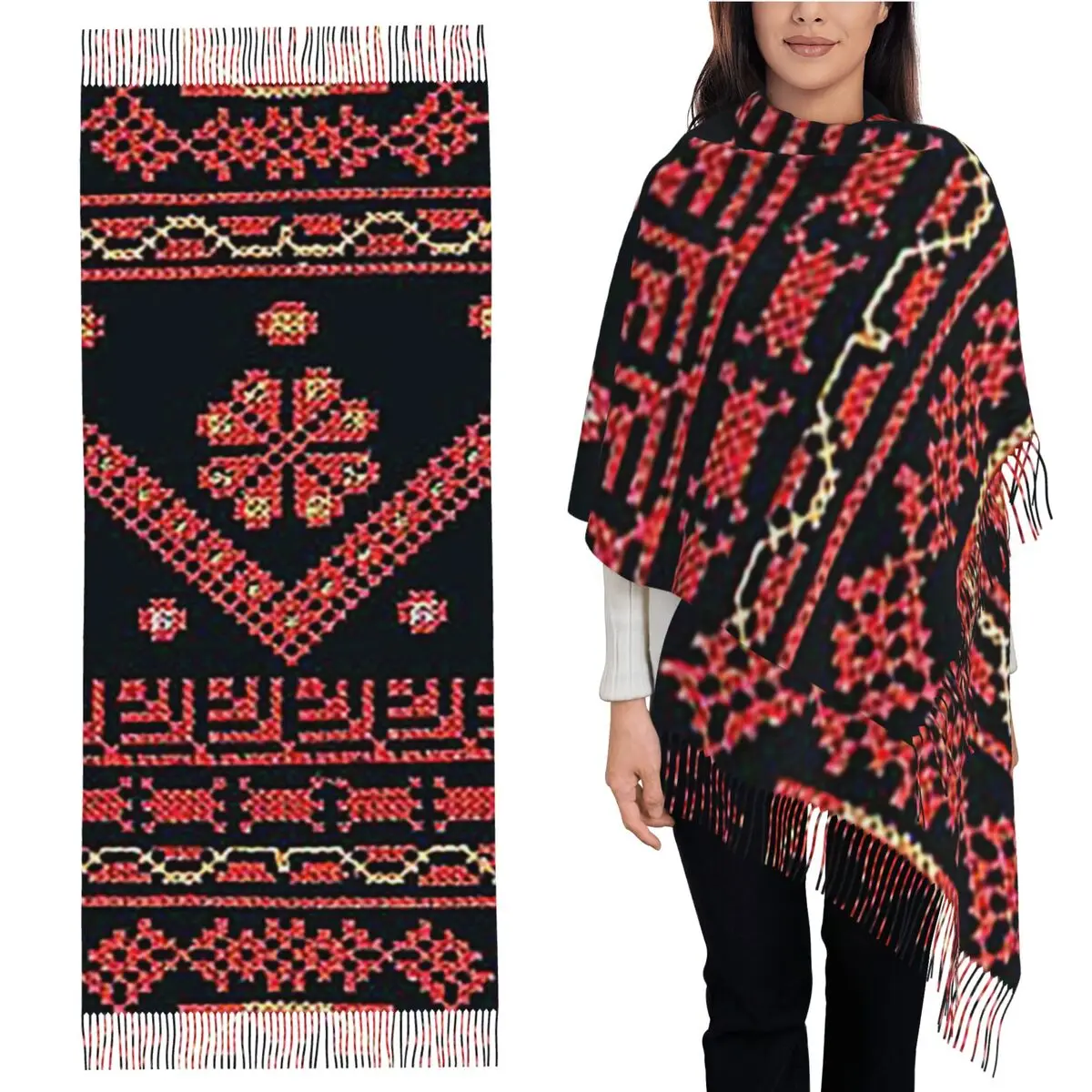 

Три цвета, палестинский шарф с вышивкой, шарфы с кисточками для женщин, мягкие теплые шали и накидки, большая осенне-зимняя шаль