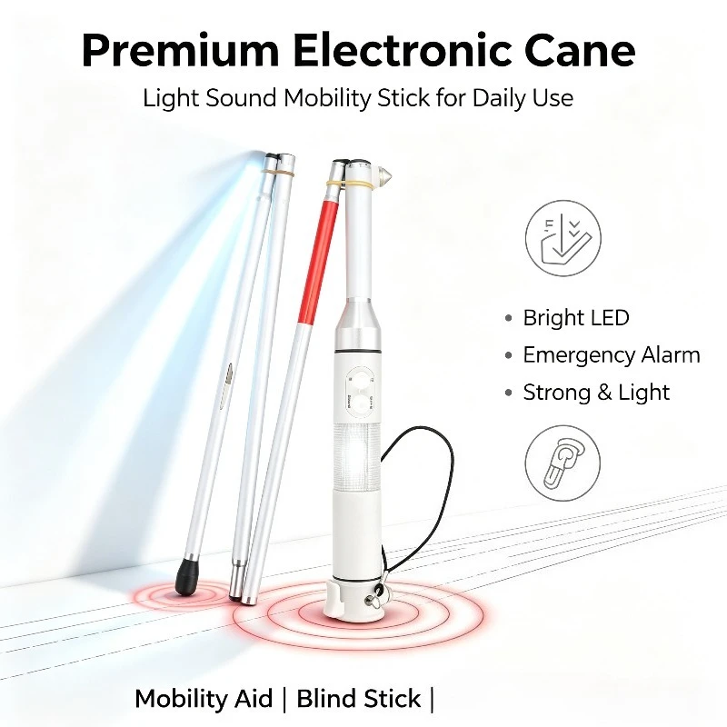 Electronic Sound Light Warning Blind Cane Telescopic Flash Alarm Walking Stick Multifunctional Guide Aid for Visually Impaired