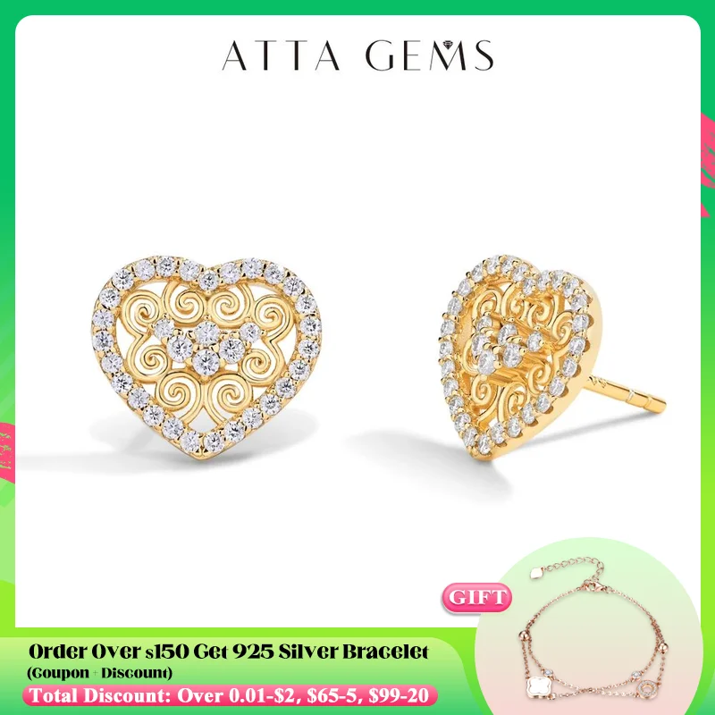 ATTAGEMS Luxury Heart Shape Moissanite Earring for Women D VVS1 Color Solid 10K 14K 18K Yellow Gold 925 Silver Fine Jewelry Gift