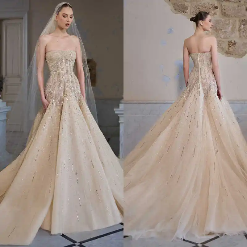 

Graceful A-Line Gown Wedding Dresses Strapless Sequins Pattern Lace Bridal Gowns Plus Size Customized Colour vestidos de novia
