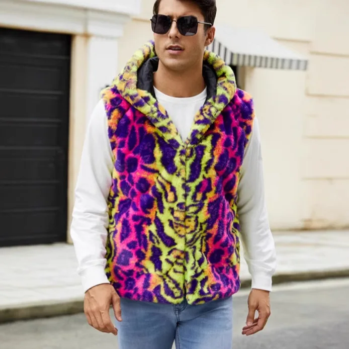 Autumn and Winter New Fashion Mens Warm Vest Imitation Fur Leopard Print Contrasting Plush Vest