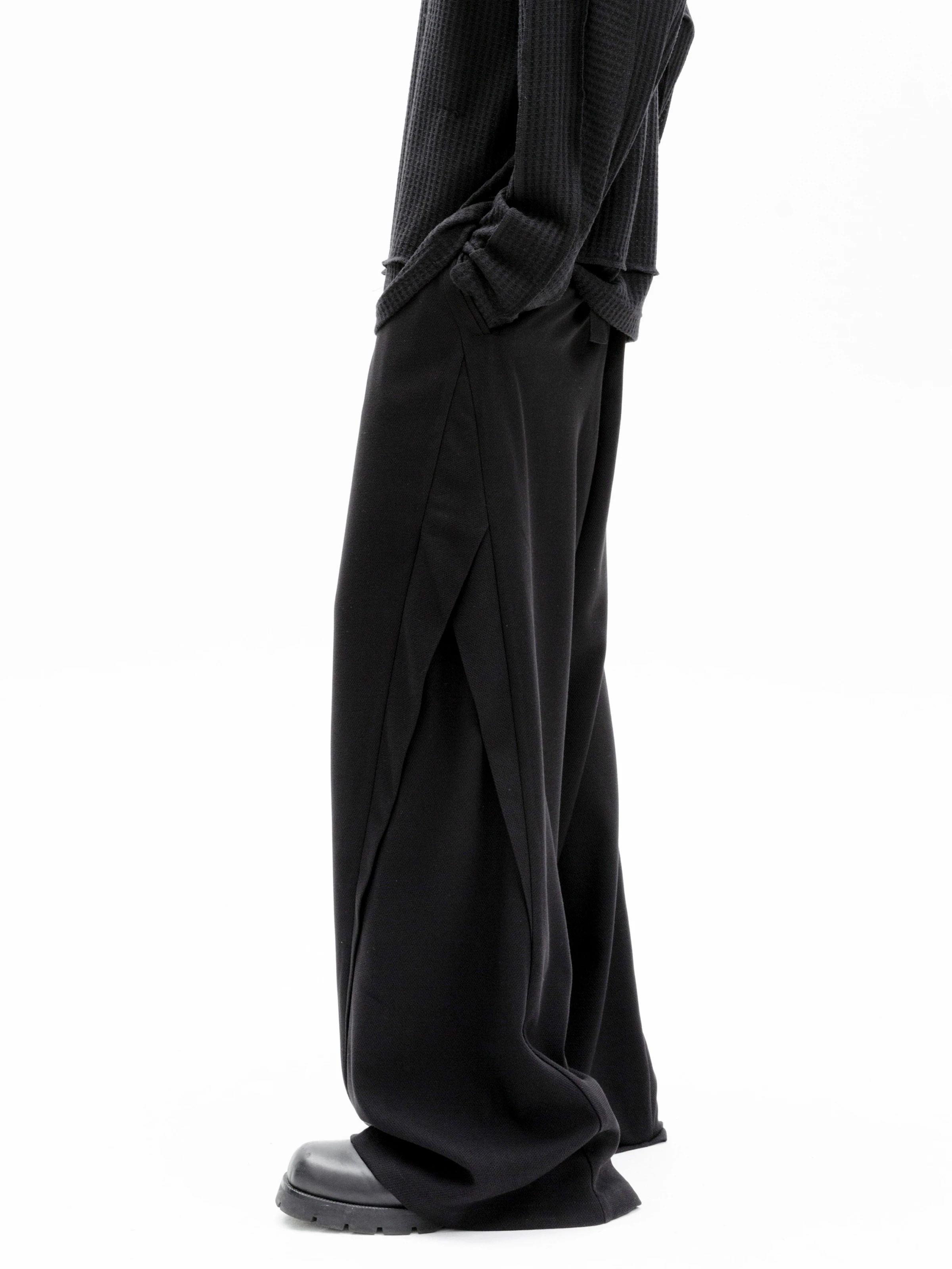 Dark Texture Fabric Profile Paris Buckle Oblique Cut Structure Drooping Wide-Leg Pants Black Trousers