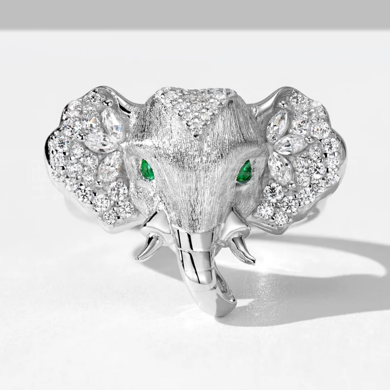 

Sterling silver diamond set brushed elephant ring light luxury senior sense of vintage auspicious Elephant ring