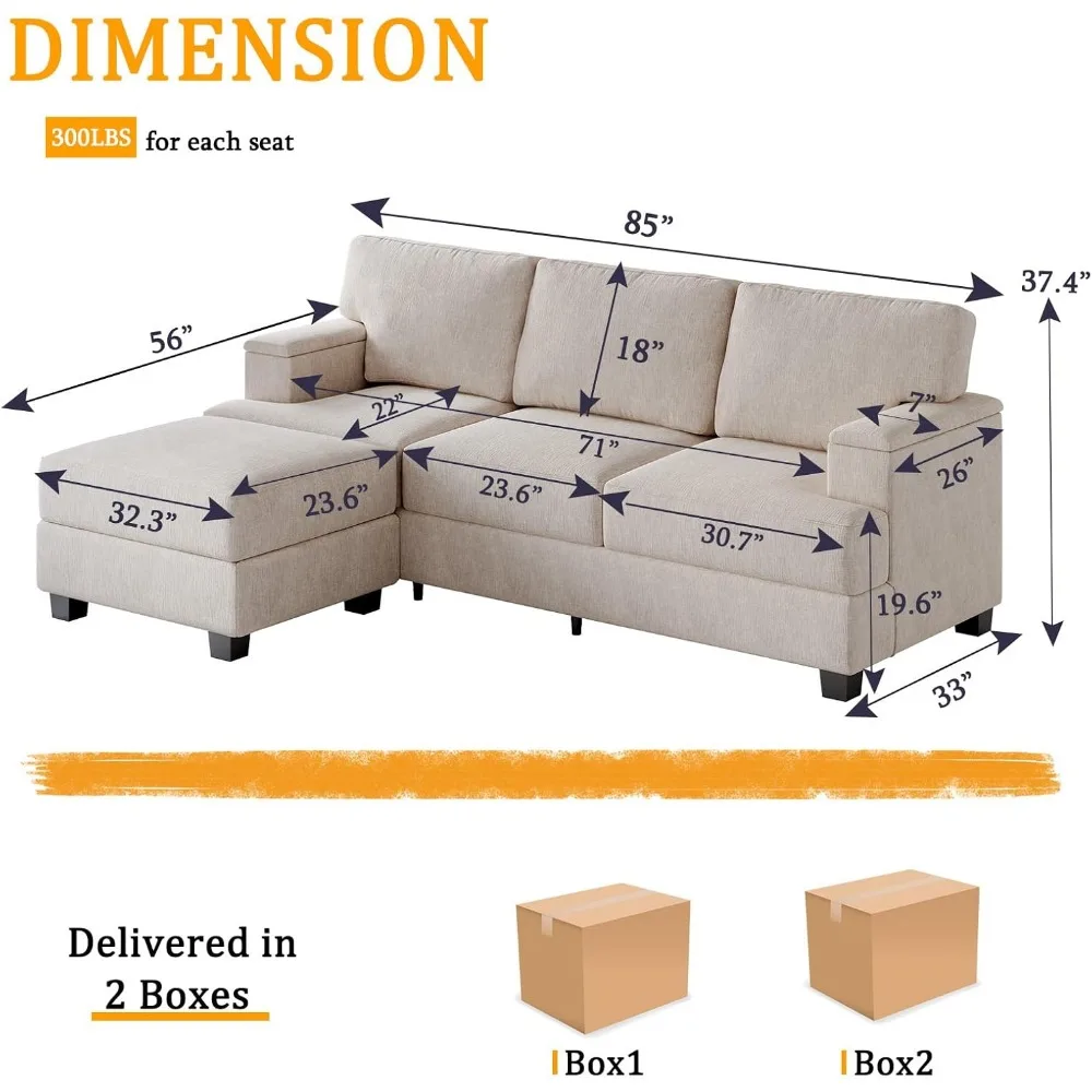 Canapé en forme de L de 85 pouces avec, canapés 3 places avec pouf mobile, canapé sectionnel confortable avec coussin épais, Chenille S