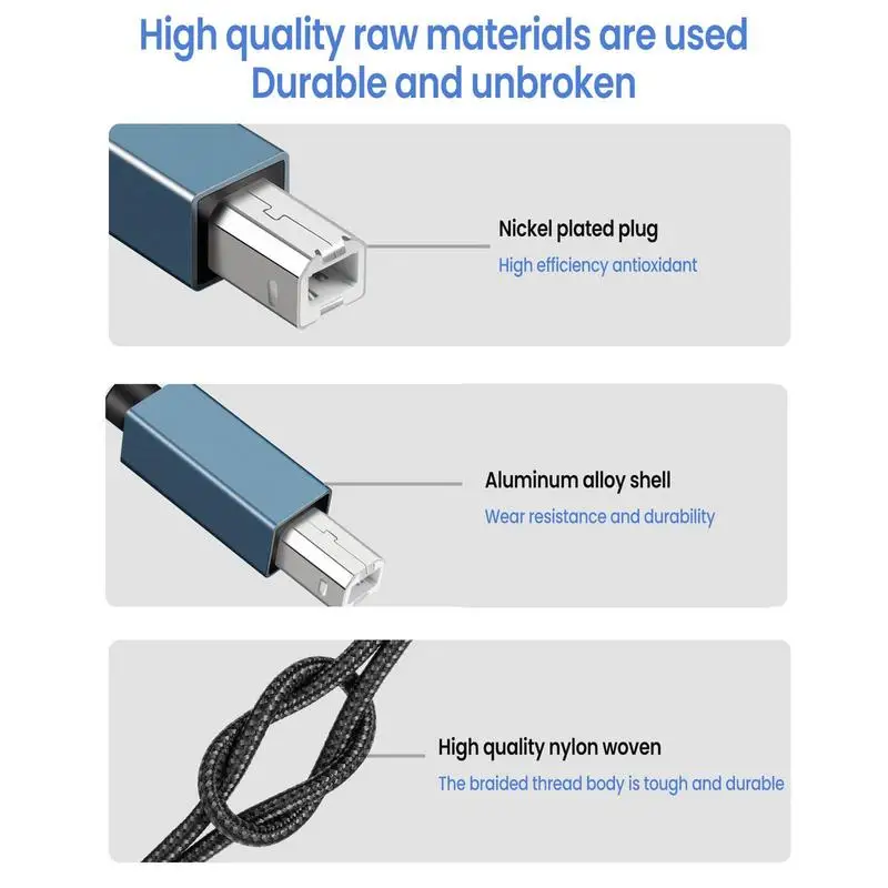 Rondaful Printer Scanner Fax Braid USB A Type-C To USB B Data Transmission Cord 1m 2m 3m For EPSON HP Canon