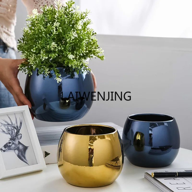 

MJY flower pot hydroponic container pot with ceramic electroplated gold non-porous spherical pot