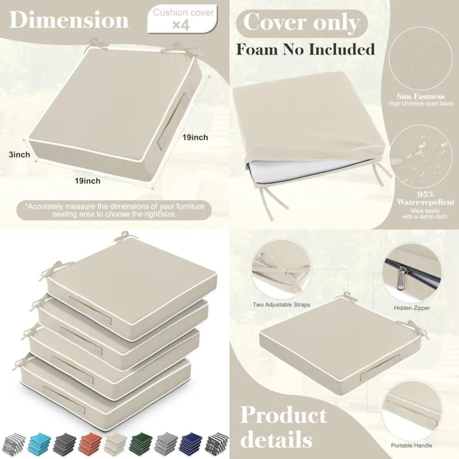 

4 Pcs Patio Cushion Covers 19'' x 19'' x 3'' Outdoor Cushion Covers Replacement Waterproof Slipcover Furniture Protectors with