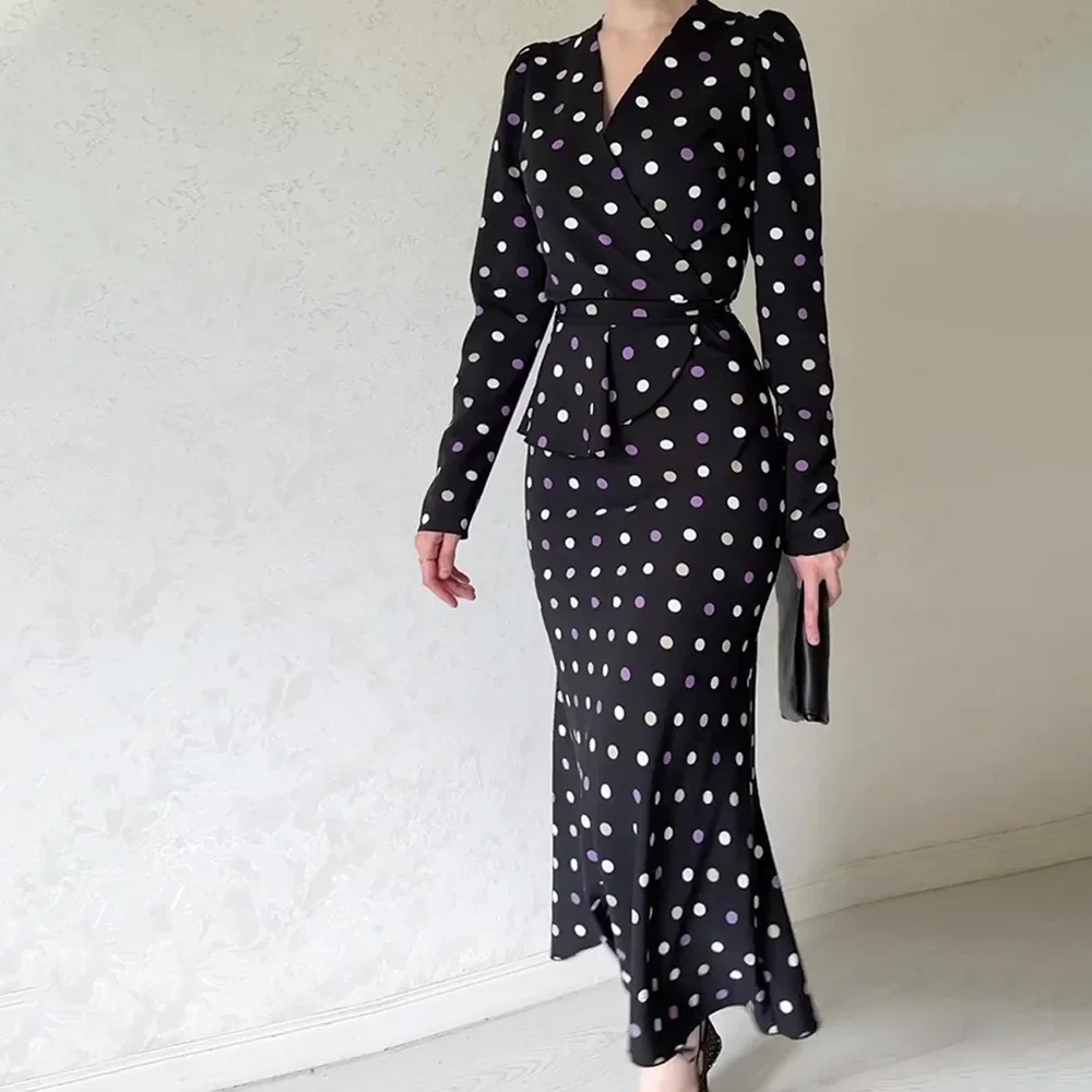 Polka Dot Long Dresses Women French Elegant Vintage Hip Wrap Dress Ladies Autumn Long Sleeve V Neck Slim Lace Up Maxi Dresses