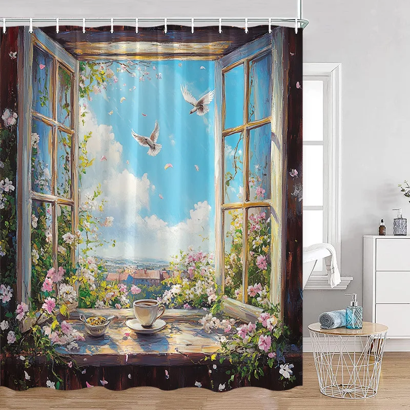 Hand-painted Street View Shower Curtains European Garden Cafe Green Plants Flowers Greenery Bathroom Decor Modern Bath Curtain