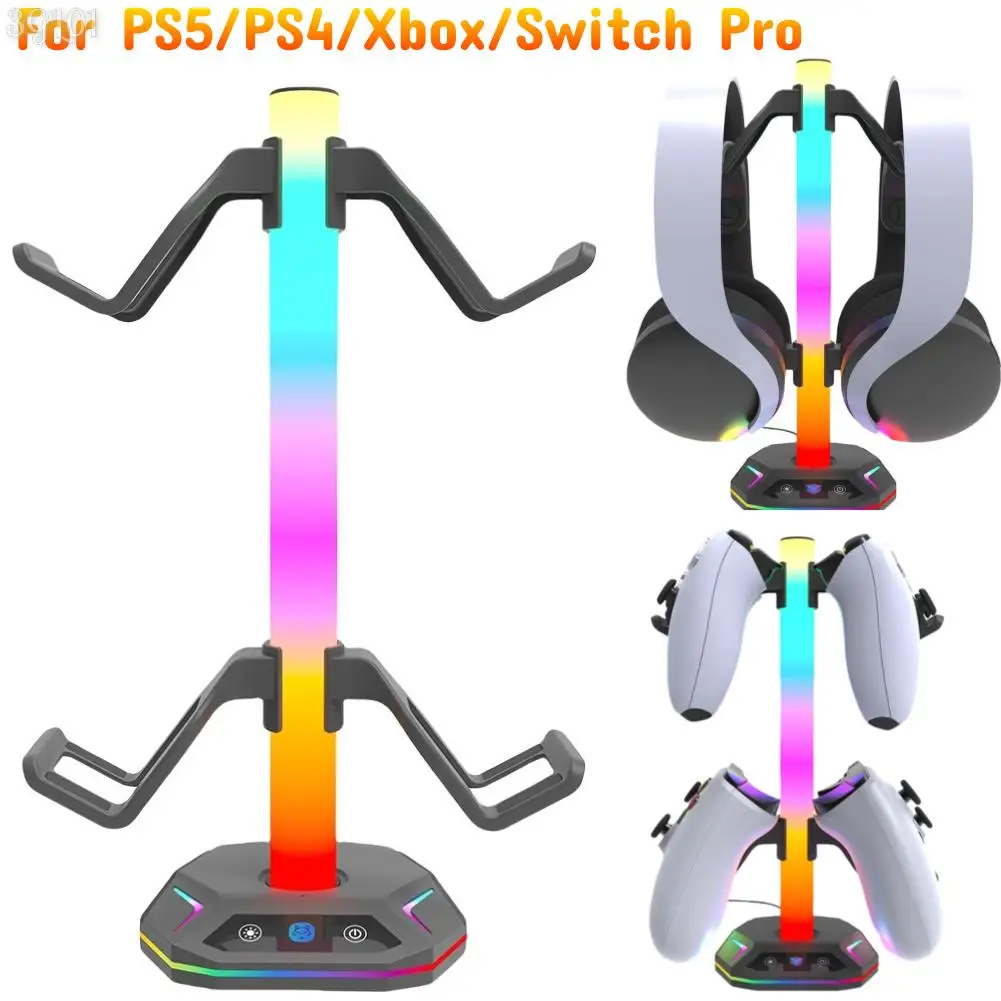 RGB Game Controller Stand for PS5/PS4/Xbox/Switch Pro Gamepad & Headset Desk Rotatable Hanger Holder with 9 Light Modes USB Port