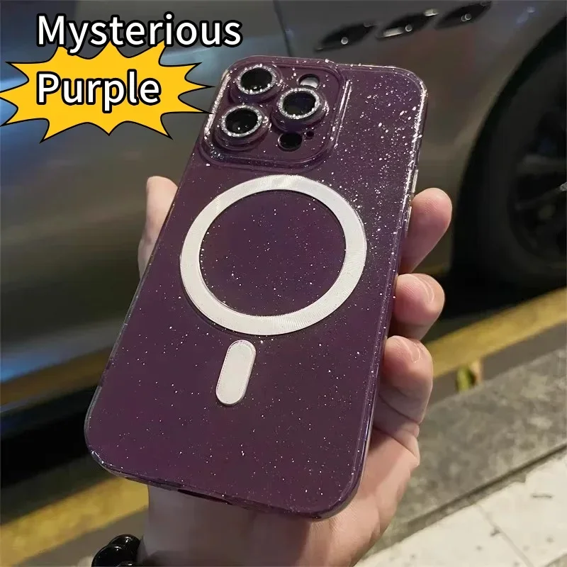 Luxury Mysterious Purple Magnetic Protection Glitter Soft Shockproof Case For iPhone 15 14 13 Pro Max Wireless Charging Cover