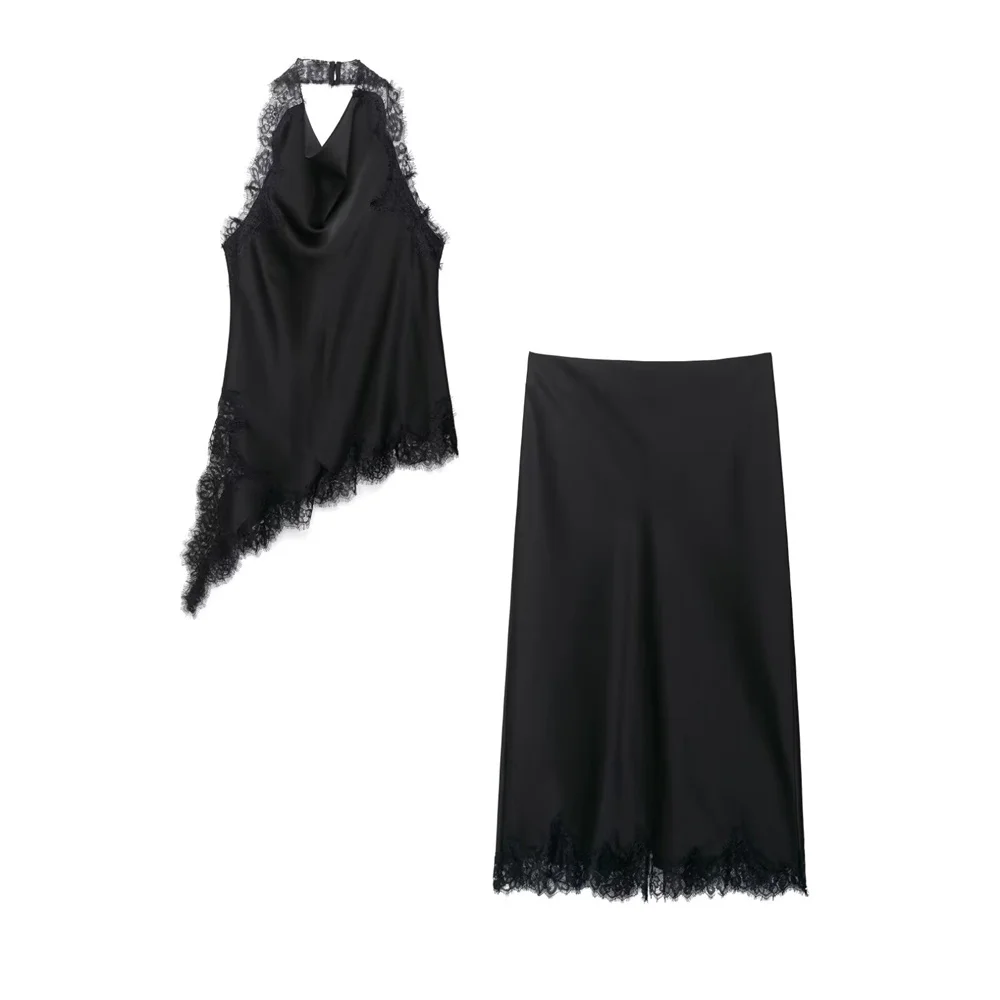 

UNIZERA 2025 New Women's Casual Fashion European and American Style Design Lace Top and Lace Satin Texture Skirt Set