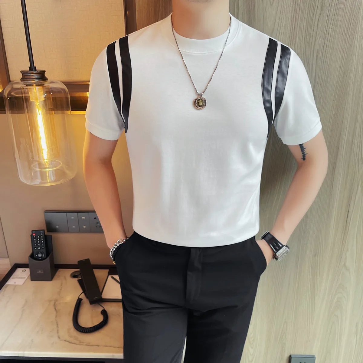 

Летние мужские футболки, модные полосатые мужские повседневные футболки с короткими рукавами, облегающие футболки с круглым воротником, универсальные топы, футболки Homme