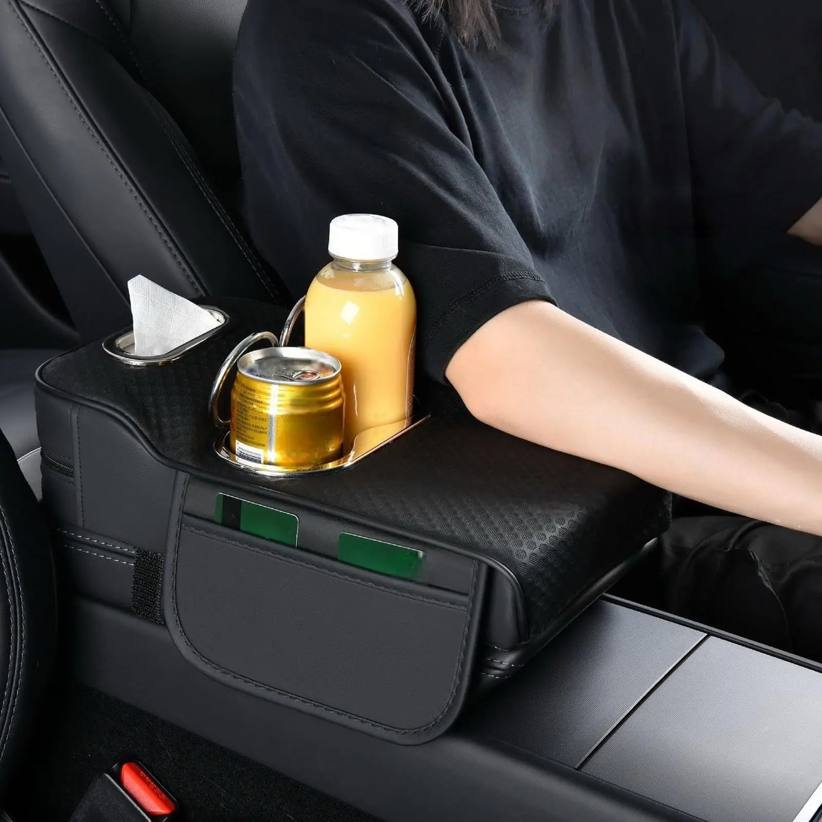 Multifunctional Car Armrest Cushion, Center Console Organizer with Tissue Holder & Cup Holders, Height-Adjustable Armrest Pad view 4
