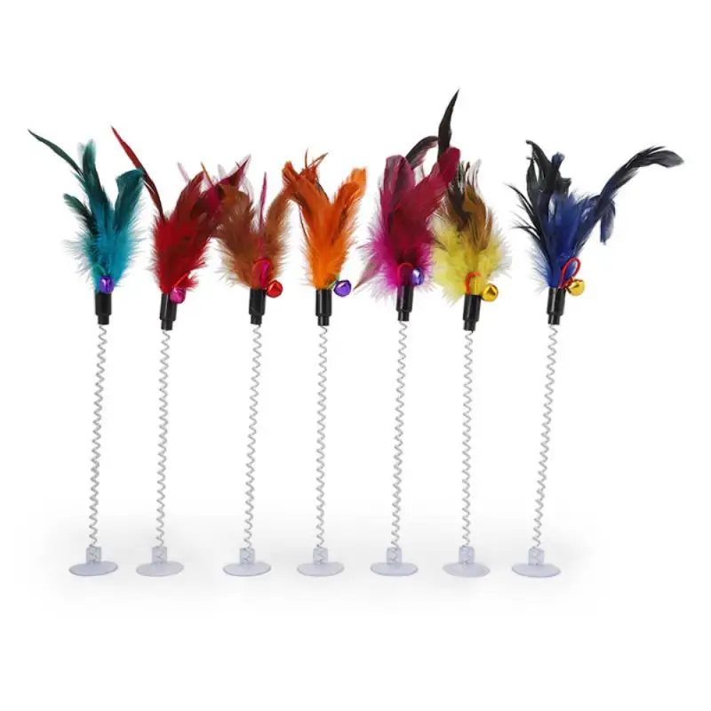 Juguete para gatos con ventosa colorida, pluma de primavera con campana, juguetes para mascotas, suministros para gatos, varita multicolor de felpa, juguetes interactivos para mascotas