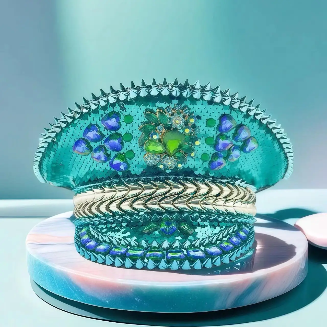 HongLuan Gelber Laser-Leder-Loop-Kapitänshut mit Strasssteinen und Militärkappen für Damen, Rave-Festivals-Accessoires und Partymütze für Herren