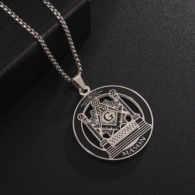 Fashion Gold Color Stainless Steel Masonic Medal Pendant Necklace Personality Men's Hip Hop Trend Jewelry Anniversary Gift