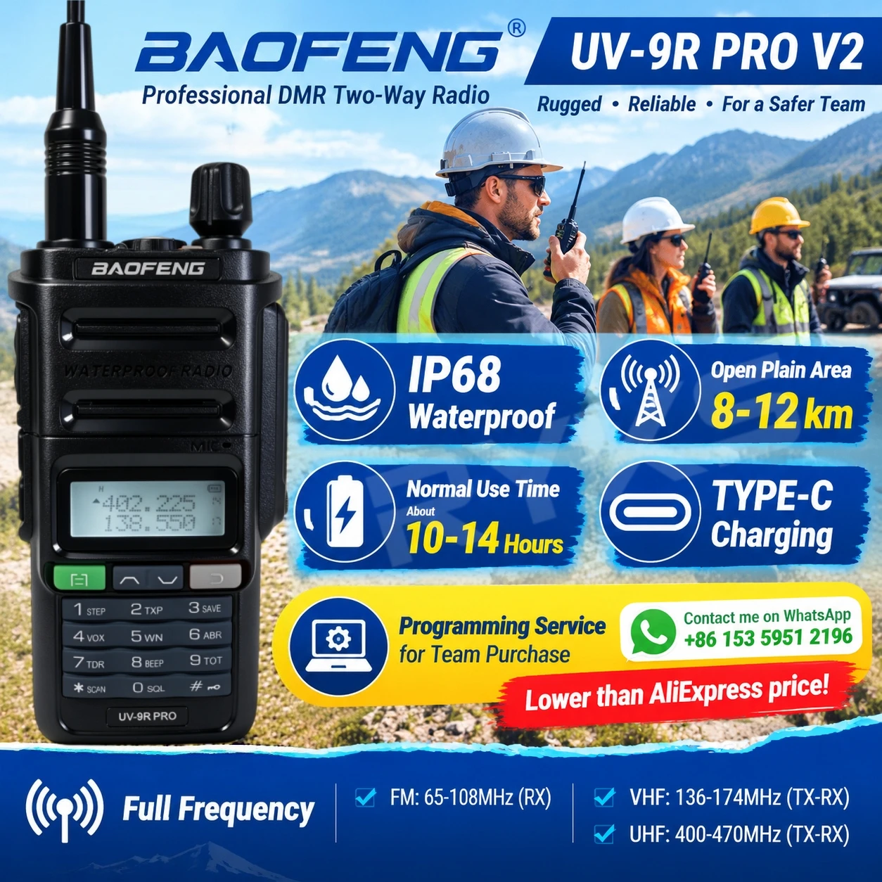 Baofeng Uv-9R Pro V2 Waterproof Ip68 Walkie Talkie Long Range Dual Band Vhf Uhf Two Way Radio Ham Radio Outdoor Camping Hiking