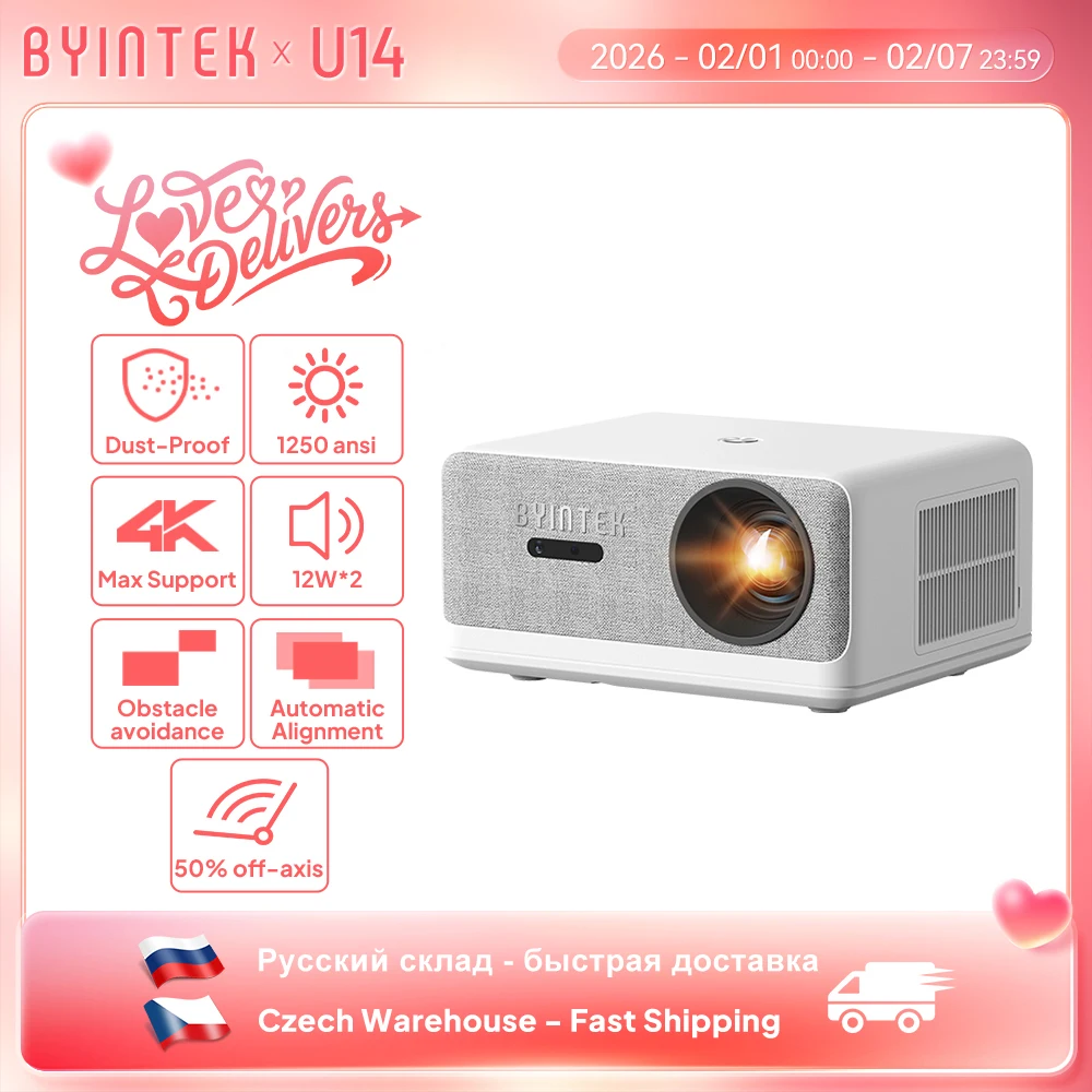 BYINTEK LOVE U14 Full HD 1080P Projector 4K  Smart Bluetooth WiFi 6 Supported 1250ANSI Auto Focus Home Theater Cinema Projectors