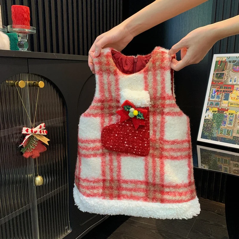 

New Arrival Skirt Girls Autumn and Winter Dress Children's Western Style Plaid Fur Thickened Warm All-Match Vest Princess Dress