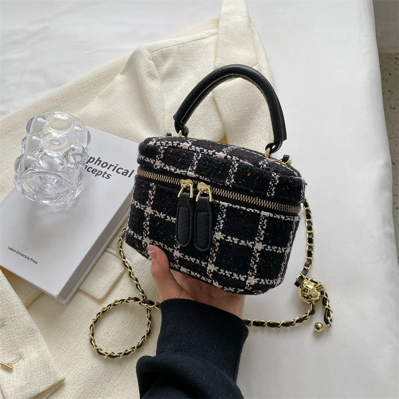 2023 Women Tweed Square Handbags Contrast Color Plaid Pattern Zipper Box Versatile Female Outfit Small Chain Shoulder Bags