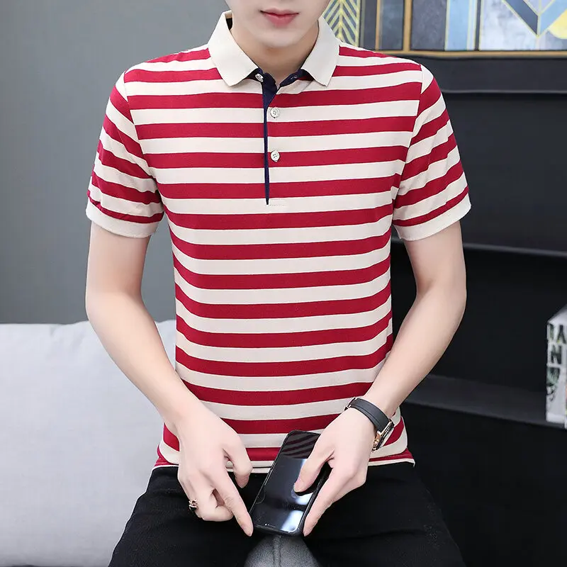 Clássico masculino fino ajuste listrado algodão polo camisas 2025 verão manga curta topos t casual botão lapela pulôver polos roupas
