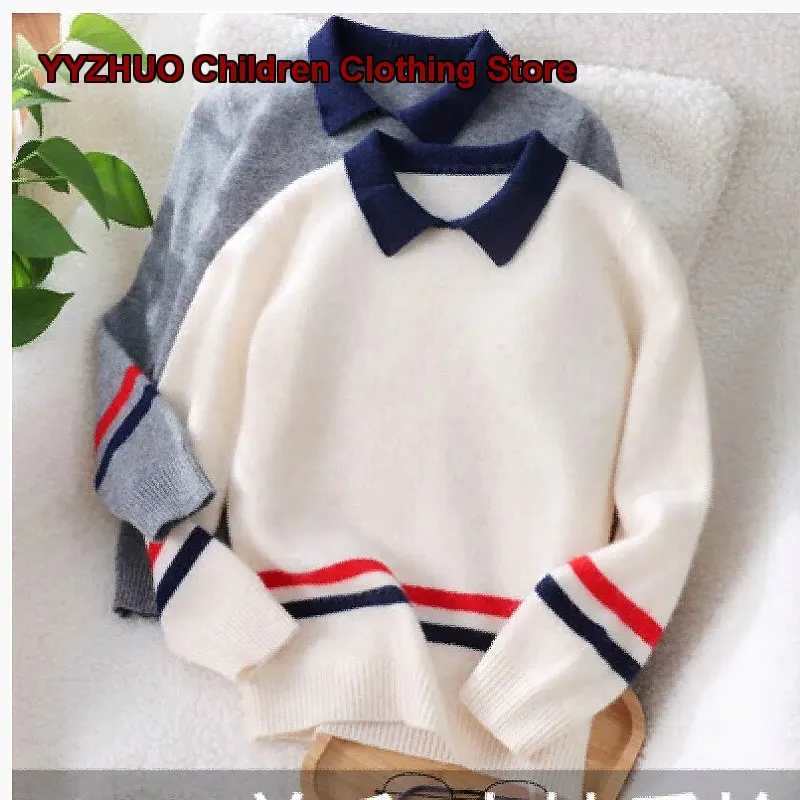 Boys Girls Polo Collar Sweater Autumn Winter Merino Knit Top Button Front Fake Two-Piece Look Kids Older Kids