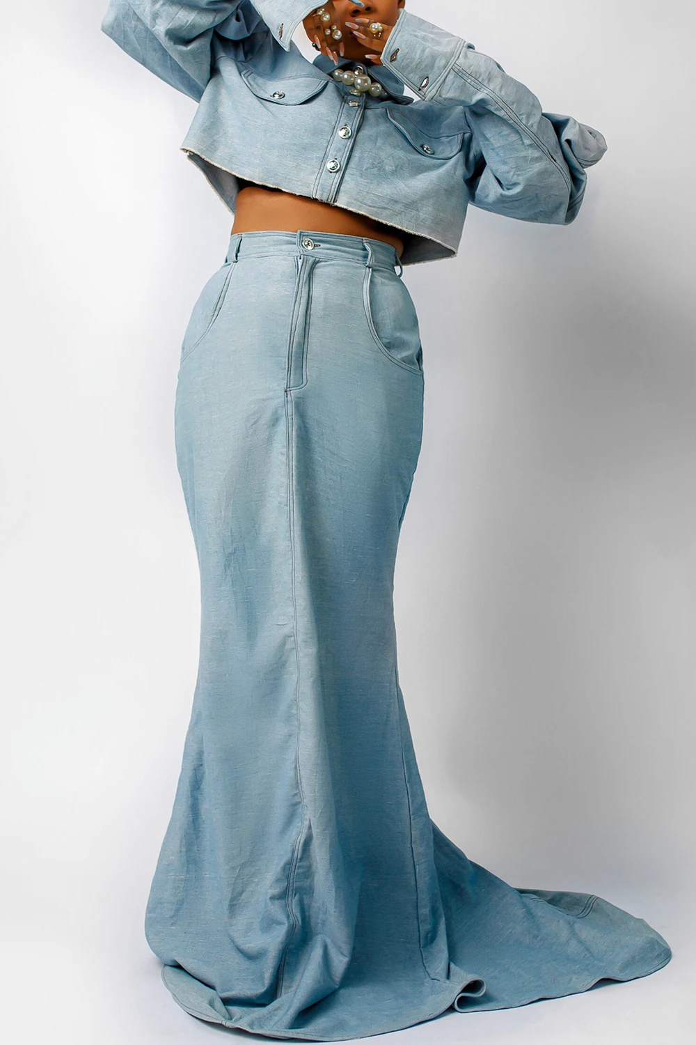 Plus Size Evening Gowns Light Blue Shirt Collar Long Sleeve Mermaid Tencel Denim Two Piece Skirt Sets