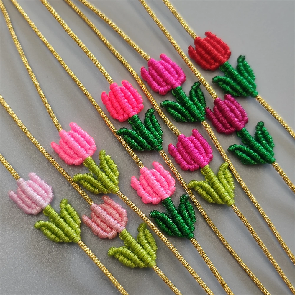 Handgefertigtes Gestricktes Tulpen-Armband für Kinder Verstellbares Glücksarmband Geflochtenes Kleines Blumenarmband für Frauen Beste Freundin Charm Einfaches Freundschaftsgeschenk – Detail 7