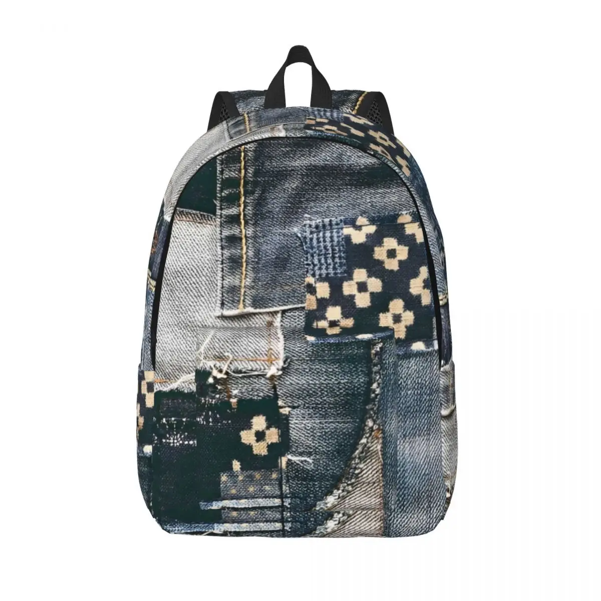 

Denim Patchwork Patches Pattern Teenage Backpack with Pocket School Business Quilting Daypack for Men Women College Shoulder Bag