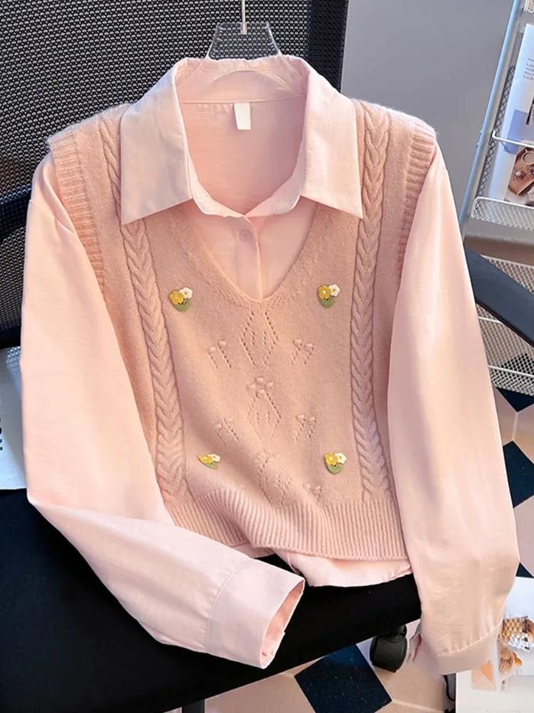 

Knitted Vest Top And Long Sve Collar irt Two Piece Set for Women Age Defng Early Autumn ential Wardrobe Items