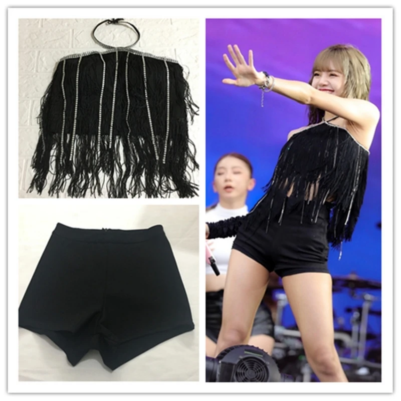 Kpop Girl Group LISA Jazz Dance Black Tassel Elastic Halter Sling Vest Crop Tops Women Nightclub Slim Tight Shorts Two Piece Set