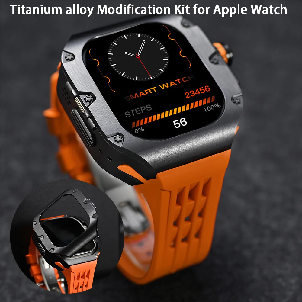 Комплект модификации из титанового сплава для Apple Watch Ultra 2, 49 мм, 44 мм, 45 мм, роскошный ремешок из фторкаучука для Iwatch 10 9 8 7 6 SE 5