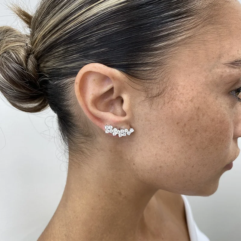 Solid 14K White Gold Round Cut Diamond Climber Earrings 1.98ct DEF/VS VVS Lab Grown Diamond Birthday Gift
