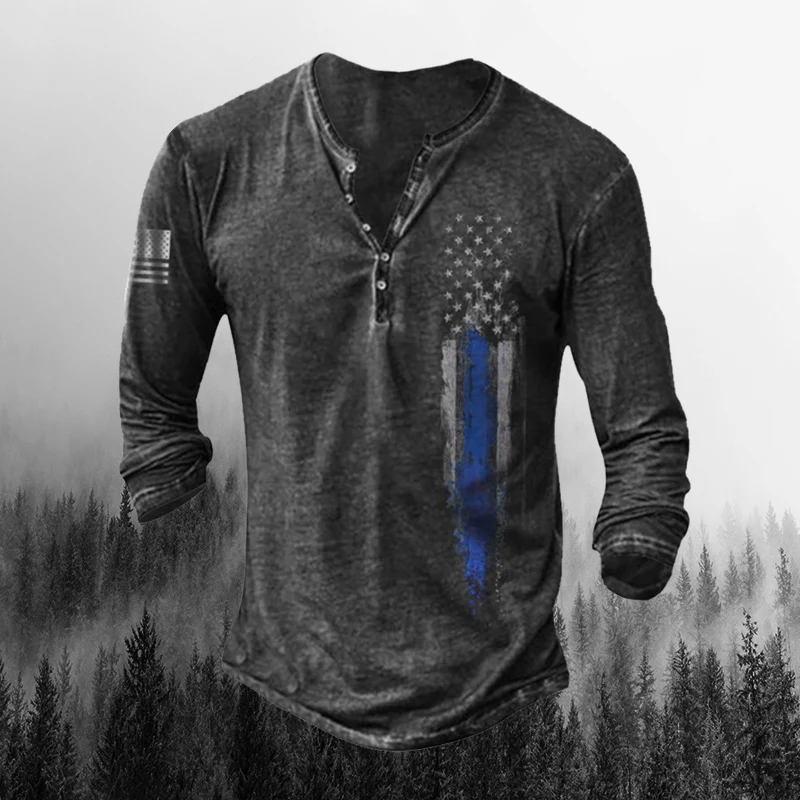 Men's T-Shirt Outdoor Warrior Print T-Shirt Henley Shirt Vintage Style Long Sleeve Shirt, Men's Clothing L-5XL